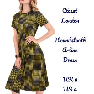 CLOSET LONDON MUSTARD YELLOW and NAVY HOUNDSTOOTH ASYMMETRIC A-LINE DRESS